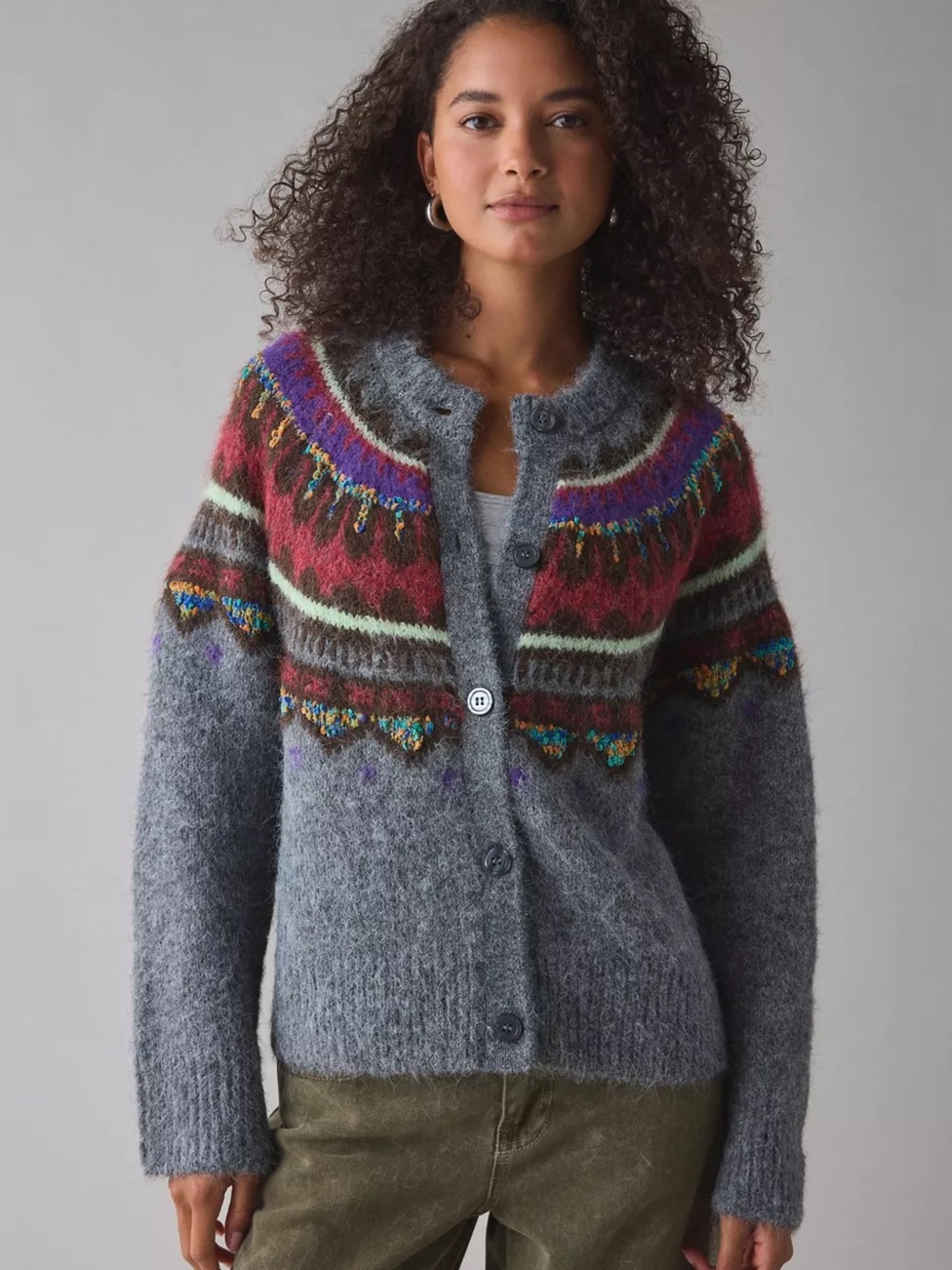 BDG Gray Mohair-Blend Fair Isle Cardigan